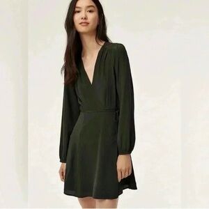 Aritzia Wilfred Diane Silk Surplice Wrap Dress Long Sleeve Olive Green Small